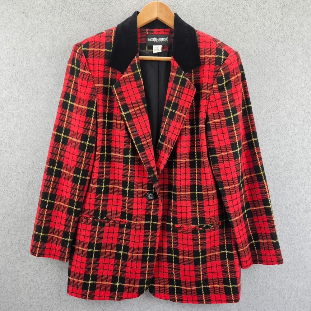 SAG HARBOR Blazer Women 6P Red Plaid Wool Blend Velvet Collar Vintage Career
